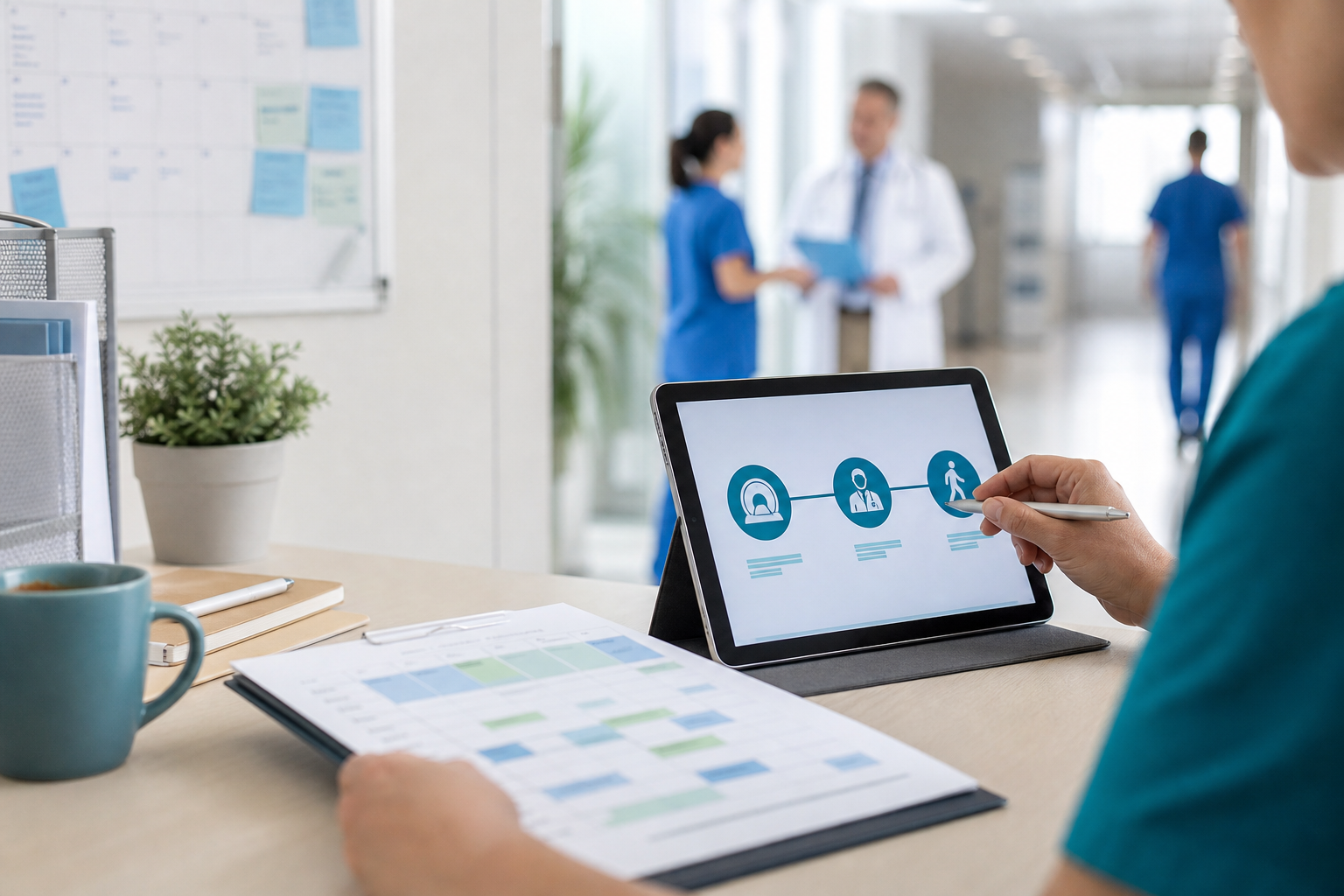 Care coordinator reviewing a patient treatment pathway on a tablet in a medical clinic